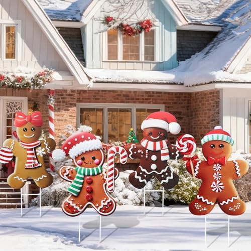 Weysat 4 Pack Christmas Metal Yard Stakes 15.75 Inch Gingerbread Man Yard Sign Stake Christmas Decorations Outdoor for Outside Xmas Gingerbread Decorations for Garden Lawn Pathway Party Decor - Image 5