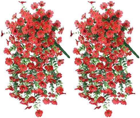 INSPRING Artificial Faux Outdoor Outside Flowers Plants, 2 PCS Fake Silk UV Resistant Look Real Red Daisy Trailing Vines for Front Door Porch Planter Urn Patio Balcony Decoration - Image 5