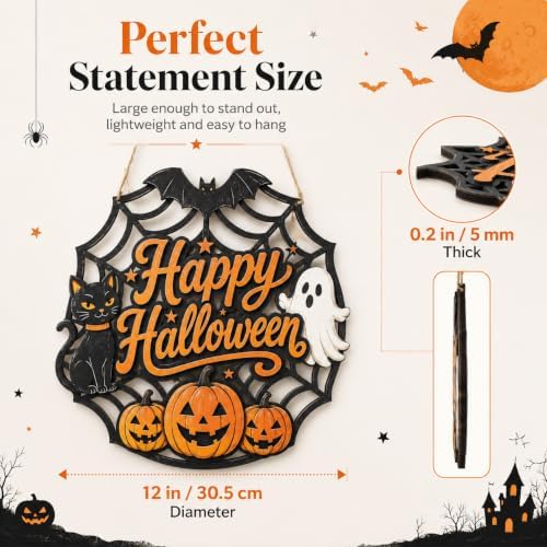 Happy Halloween Door Sign, Wooden Spider Web Front Door Hanger with Black Cat, Ghost & Pumpkins, Farmhouse Halloween Decorations for Front Door, Porch, Entryway, Wall Decor, Seasonal Hanging Sign - Image 2
