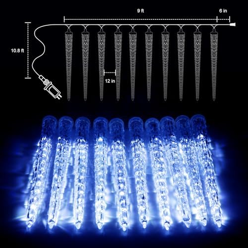 Christmas Icicle Lights Outdoor, 10Ft. Meteor Shower Lights with 10 Large Icecycles, Snowfall Shooting Star Light Effect, Falling Crystal Christmas Decorations for House Eave Roofline Patio, Blue - Image 5