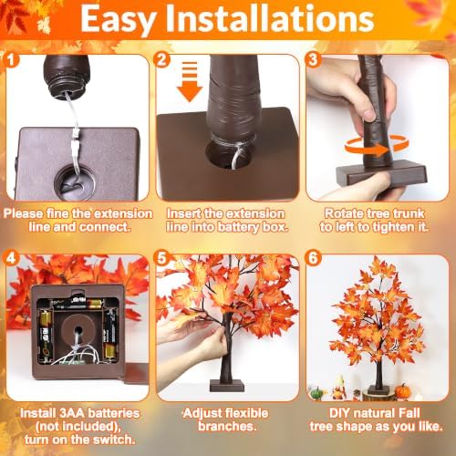 [Timer] 2 Pack 24 Inch Fall Maple Tree Decor with 48 LED Fall Thanksgiving Decorations, Battery Operated Fall Tree Lights with Pumpkin Acorn Maple for Fall Thanksgiving Table Decorations Home Indoor - Image 6