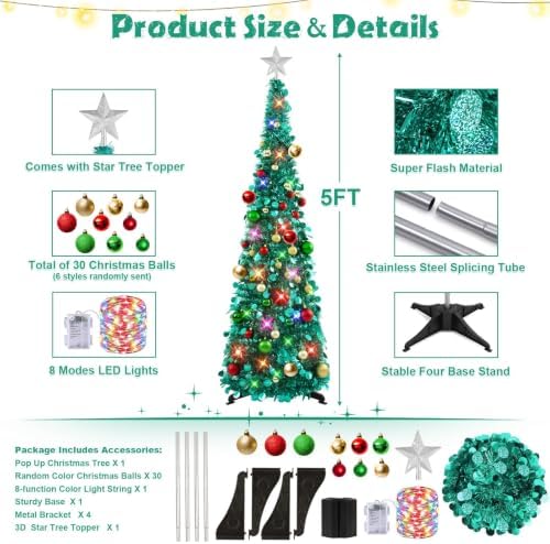 N&T NIETING Pop Up Christmas Tree with Lights & Ornaments, 5FT, Dark Green - Image 3
