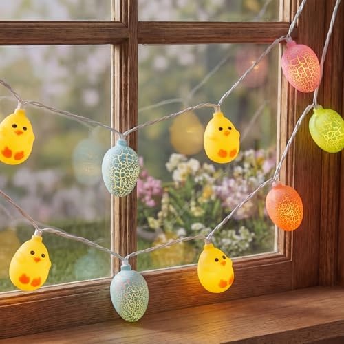 Easter Egg Chicken String Lights Plug in, 8.5Ft Outdoor Easter Decorations Lights with 10 LED Egg Chicken Pastel Fairy Lights Waterproof for Indoor Outdoor Spring Party Garden Home Window Decor by Goothy