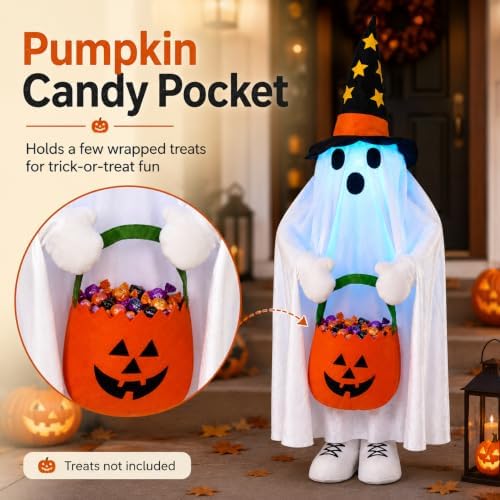 37" Outdoor Halloween Decorations Light Up Standing Ghost, Color Changing LED | Built-in Trick-or-Treat Candy Bag, Flexible Arms & Legs, Porch Yard Decorations, Indoor Outdoor Lighted Decor - Image 5