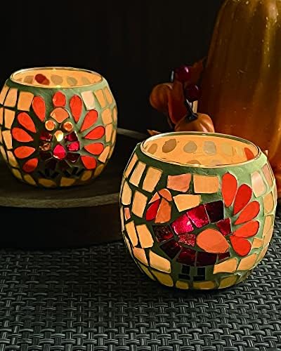 SHMILMH Thanksgiving Votive Candle Holder Set of 4, Mosaic Glass Tealight Holders with Turkey for Fall Table Centerpiece Fireplace Party Decorations by SHMILMH