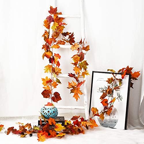 DearHouse 2 Pack Fall Garland Maple Leaf, 5.9Ft/Piece Hanging Vine Garland Artificial Autumn Foliage Garland Thanksgiving Decor for Home Wedding Fireplace Party Christmas (Orange) - Image 5