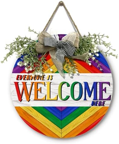 Everyone is Welcome Here Door Wreath Gay Pride Rainbow Wood Door Sign LGBT Welcome Door Hangers with Bow Diversity Decorations Yard Sign Decor for Outdoor Garden by Cryfox