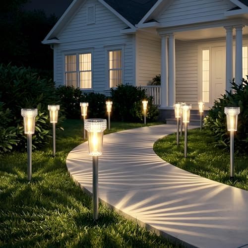 DERAYSION 12 Pack Solar Pathway Lights Outdoor, Solar Powered Garden Lights Auto On/Off, Waterproof Stainless Steel Pole Landscape Lighting for Path, Yard, Walkway, Driveway Decor - Warm White - Image 4