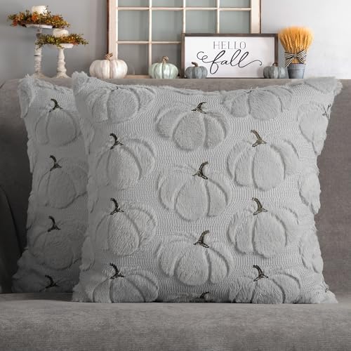 Fall Pillow Covers 18x18 Set of 2 Gray Pumpkin Decorations for Home by 4THEmotion