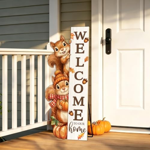 Fall Welcome Sign for Front Door 42" Autumn Squirrel Vertical Large Rustic Porch Decor, Outdoor Patio Garden Thanksgiving Ornament for Home Farmhouse Entryway - Image 3
