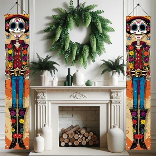 2PCS Day of the Dead Porch Banners 71x12 Inch Skeleton Couple Vertical Door Decorations, Colorful Dia de Los Muertos Halloween Hanging Signs for Front Porch Outdoor Party Decor - Image 5