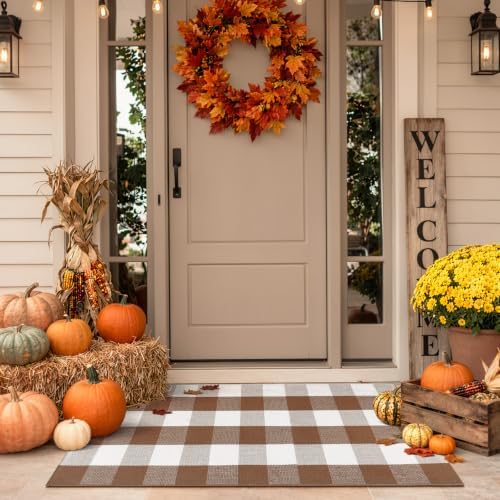 Uphome Bufflo Plaid Outdoor Rug 2'x4.3', Fall Decor Checkered Front Door Mat, Indoor Outdoor Farmhouse Cotton Porch Rug for Layered Door Mats, Washable Brown Carpet Runner for Patio Entryway - Image 3