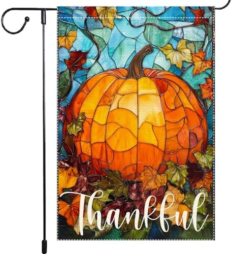 Thankful Thanksgiving Garden Flag, Fall Garden Flags for Outdoor Decor 12x18 Inch Autumn Stained Glass Pumpkin Maple Leaf Double Sided Small Burlap Outside Porch Lawn Yard Decorative Flags by Unknown