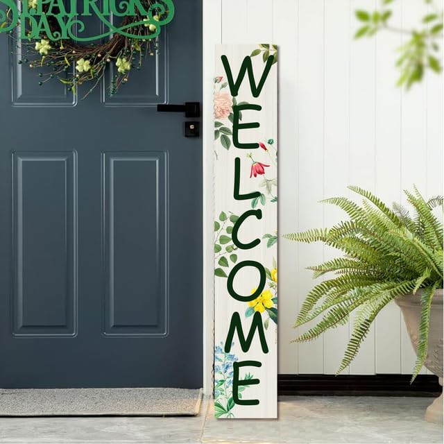 Welcome Botanical Porch Board Welcome Stangding Sign and Porch Leaner for Front Door Porch Spring & Summer Farmhouse Rustic Vertical Porch and Yard Decor 8”x48” - Image 2