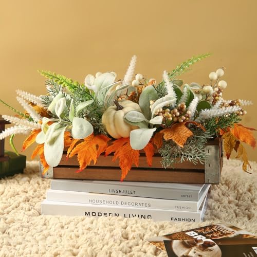 Thanksgiving Potted, Eucalyptus Berries Pumpkins Lamb Ears Leaves Autumn Pots for Centerpiece Table Decor, Fall Decor, Home Coffee Table Dining Room Office Kitchen (D) - Image 4