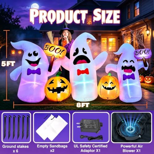 8 Ft Long Halloween Inflatable 3 Ghosts and Pumpkins Decorations Outdoor - Image 2