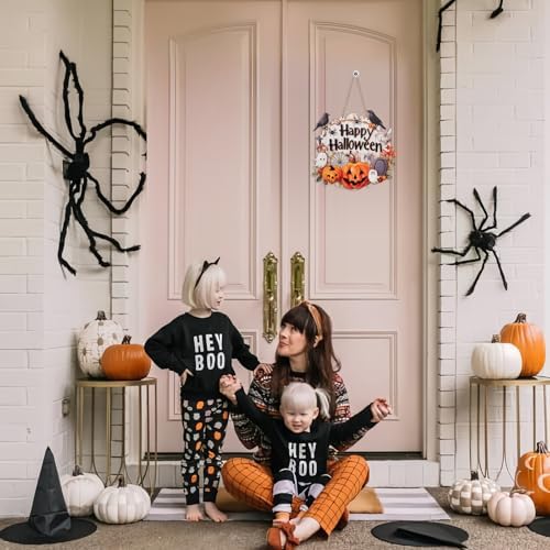 Halloween Decoration Wood Door Plaque - Rustic 9.2x8.8 Inch Handcrafted Sign with Raised Pumpkins, Ravens & Ghosts, Spider Web Design for Porch Wall Decor. Layered Artisan Craft. Halloween Party Outdoor indoor Supply - Image 6