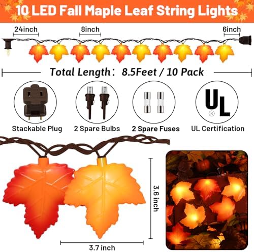 Fall Decor Maple Leaf Lights, 8.5Ft Fall String Lights Plug In with 10 LED Orange & Yellow Maple Leaf Light, Fall Leaves Light Indoor Outdoor for Home Fireplace Party Harvest Thanksgiving Decorations - Image 2