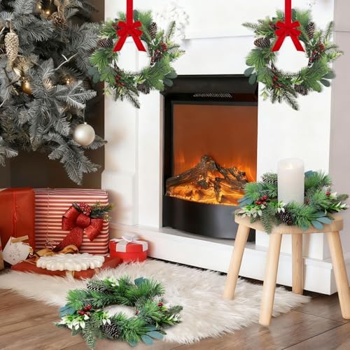 8 PCS 9" Small Christmas Norfolk Wreaths Mini Cabinet Wreaths for Kitchen with Red Berry Pinecone Cedar Bows Snowy Pine Wreath for Xmas Front Door Window Fireplace Home Table Pillar Stairs Decor - Image 2