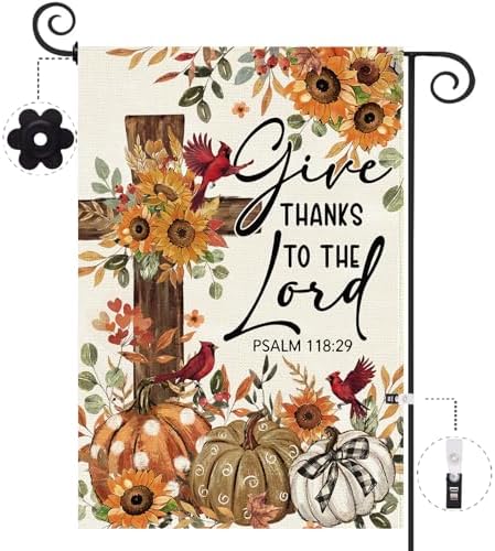 Baccessor Give Thanks To The Lord Garden Flag 12.5x18 Inch Double Sided,Cardinal Cross Thanksgiving Day Outside Outdoor Seasonal Burlap Pumpkin Flags Home Patio Front Yard Lawn Decoration by Baccessor