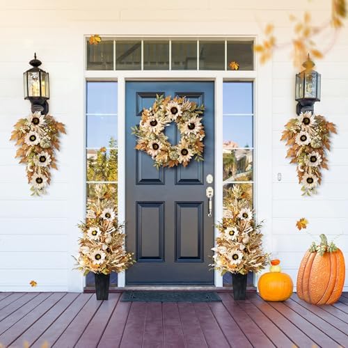Glitzhome 36”H Fall Porch Tree, Harvest Artificial Porch Tree with Sunflower, Pinecone and Berry Porch & Black Planter, for Autumn Fall Harvest Thanksgiving Christmas Decoration - Image 2