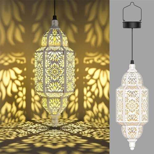 Twinkya 2 Pack Hanging Solar Lights Outdoor Garden Decorative Solar Lantern Waterproof Metal Moroccan Outdoor Decorations for Patio Pathway Yard Porch Backyard Garden Decor (White, 2 Pack) by twinkya