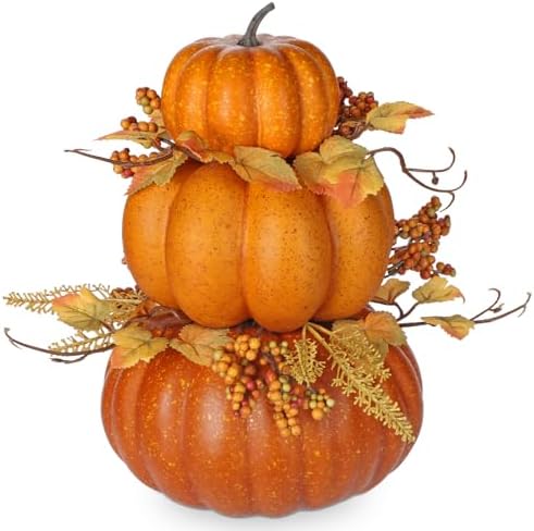 Artificial Pumpkin Fall Décor - Autumn Table Centerpieces with Faux Berries, Maple Leaves, Stacked Pumpkins – Halloween, Thanksgiving & Harvest Home Decoration by Arborus
