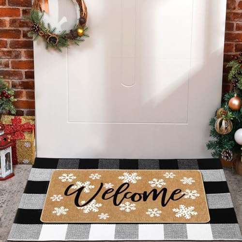 Tinideya 2 Pcs Winter Snowflake Doormats Christmas Layered Welcome Outdoor Door Mats with Buffalo Plaid Front Door Rug Non Slip Floor Mats for Porch Entryway Xmas Holiday Seasonal Decor - Image 6