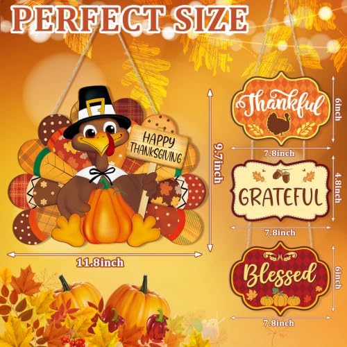 Thanksgiving Decoration Wood Pumpkin Turkey Door Wall Wreath for Front Door Sign Thankful Blessed Grateful, Pumpkin Sign for Fall Autumn Harvest Home Thanksgiving Party Outdoor Halloween Decoration - Image 2