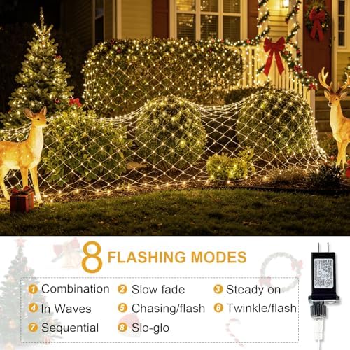 (Upgraded) Outdoor Christmas Lights, 360 LED Christmas Net Lights, 12x5Ft Outdoor String Lights, 8 Modes Waterproof Christmas Decorations for New Year, Bushes, Gardens, Lawns, Patio - Warmwhite - Image 5