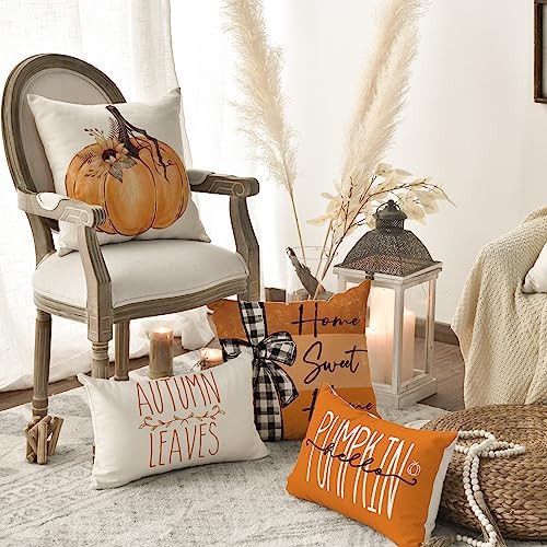 AVOIN colorlife Fall Pumpkin Home Sweet Home Throw Pillow Covers, 18 x 18 Inch Autumn Thankful Grateful Blessed Harvest Floral Orange Decorations for Sofa Couch Set of 4 - Image 5
