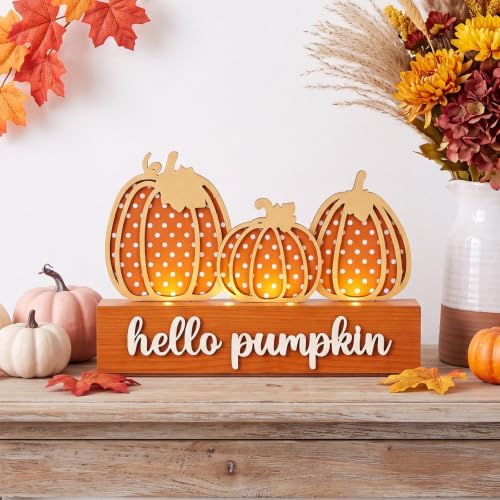Yookeer Fall Pumpkin Table Decoration Lighted Thanksgiving Centerpiece Sign LED Autumn Tabletop Decor Hello Pumpkin Fireplace Wooden Table Sign Rustic Harvest Tabletop Decor for Indoor Home Farmhouse - Image 6