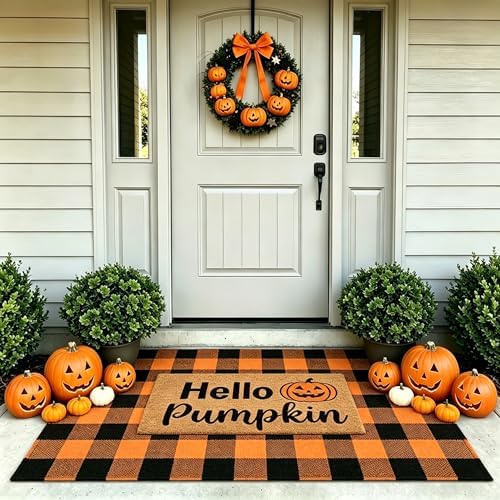 Fall Decor Halloween Layered Front Doormat Set, Hello Natural Coco Coir Door Mat + 3'x5' Orange Black Buffalo Plaid Rug, Non-Slip Porch Rug Outdoor Entryway Decor for Front Porch, Patio - Image 4