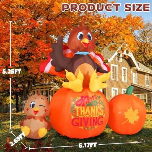 6.2FT Thanksgiving Inflatables Outdoor Decorations Turkey Sits on Pumpkin - Image 3