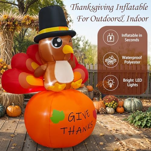 OurWarm 6FT Thanksgiving Inflatables Turkey Outdoor Decorations, Blow Up Turkey Inflatable on Pumpkin with Built-in LEDs, Happy Thanksgiving Blowups Yard Decorations for Outside Fall Garden Lawn Decor - Image 4