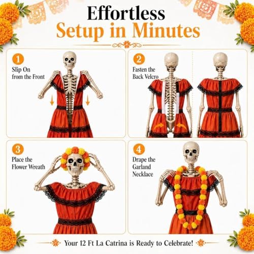 3 Pcs La Catrina Costume Set for 12 Ft Skeleton Day of the Dead Decor - Image 3