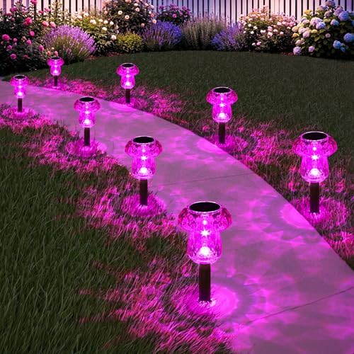 Solar Pathway Lights Outdoor 8 Pack Pink Garden Mushroom Decor by Gorrzai