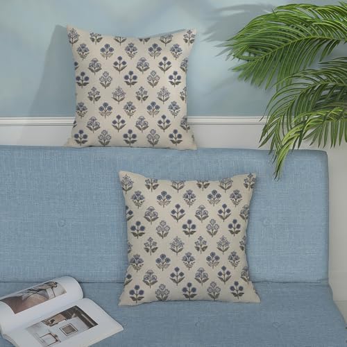 Blue Grey Pillow Covers 18x18 Inch 2 Pcs Gray Block Print Vintage Floral Decor Throw Pillows Boho Flower Spring Summer Outdoor Seasonal Decoration Pillowcase Linen Cushion Cover for Couch Sofa - Image 3