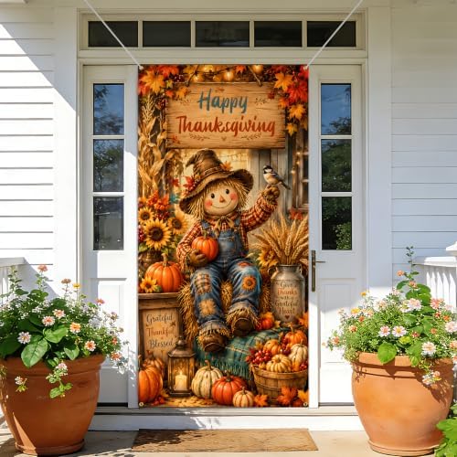 NYZE Happy Thanksgiving Scarecrow Door Cover, Fall Harvest Pumpkin Sunflower Door Banner, Autumn Maple Leaf Farmhouse Porch Decor for Thanksgiving Indoor Outdoor - Image 6
