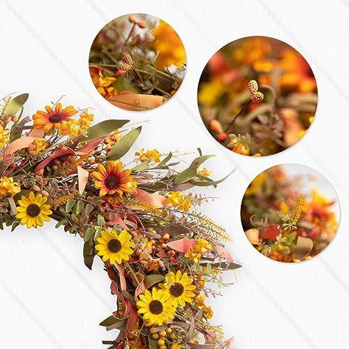 JINGHONG Large Fall Wreaths for Front Door 28 Inch Artificial Floral Wreath with Colorful Daisies and Autumn Foliage Fall Autumn Wreath for Front Door Wall Window and Thanksgiving Decor - Image 3