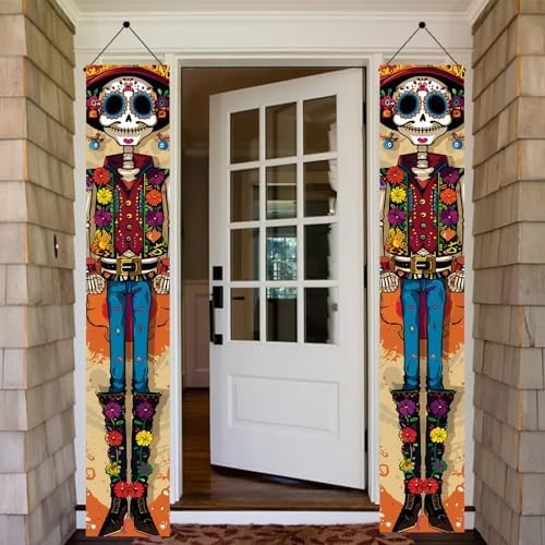 2PCS Day of the Dead Porch Banners 71x12 Inch Skeleton Couple Vertical Door Decorations, Colorful Dia de Los Muertos Halloween Hanging Signs for Front Porch Outdoor Party Decor - Image 6