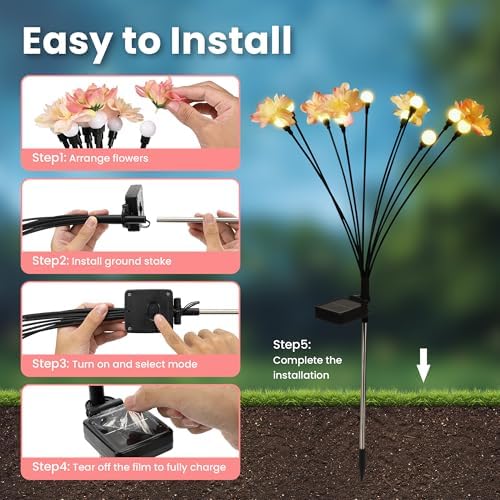 PEVOROS Solar Garden Lights, Warm White LED Swaying Solar Flowers Light for Outside, Waterproof Garden Decor, Outdoor Decorative Lights Yard, Patio, Pathway Decoration Gardening Gifts (4 Pack) - Image 5