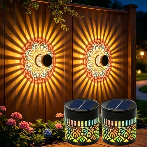 Solar Mandala Projection Wall Lights Waterproof, Gift for Women Men, Solar Mandala Lights Outdoor Metal Fence Lights, Decor Light for Yard Garden Post Patio Backyard Porch Tabletop (Warm White 2 Pcs) by YJFWAL