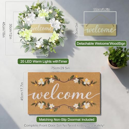 Welcome Mat Wreath Set with Lights Front Door Greenery Spring Doormat Wreaths All Season Summer Floral Artificial Decor for Porch Entryway Wall Farmhouse Patio Garden Festival 18in - Image 4