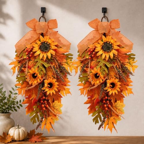 2 Pack Fall Sunflower Swags Wreaths for Farmhouse Front Door Decor - Image 2