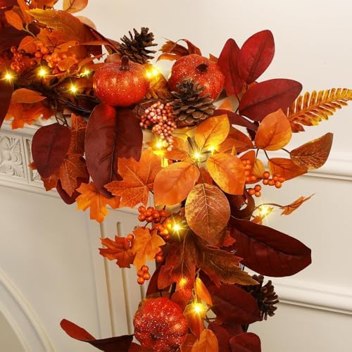 SHareconn 9ft Fall Garland with Lights and Timer for Mantle by SHareconn