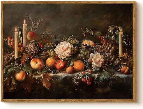 Vintage Framed Autumn Still Life Thanksgiving Wall Art 12x16 Fruits Candles Oil Painting, Rustic Classic Fall Peaches Grapes Canvas Print, Harvest Farmhouse Kitchen Dining Room Decor by WHASAYART