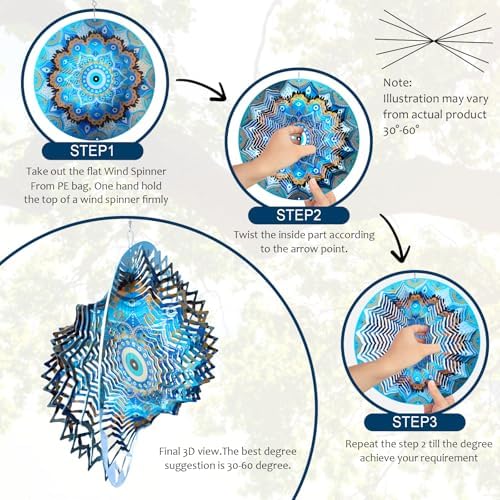 Aoedelyart Wind Spinners Outdoor Mandala Peacock Evil Eye‌,12In Stainless Steel Wind Spinner Hanging Garden Decor,Garden Gifts for Women,Men,Mother,Father,Wind Sculptures 3D Kinetic Yard Art Ornament - Image 6
