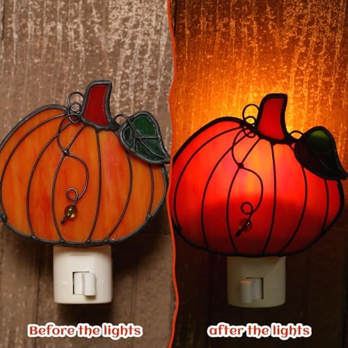 Baquler 2 Pcs Stained Glass Pumpkin Night Light Plug in Wall - Image 3