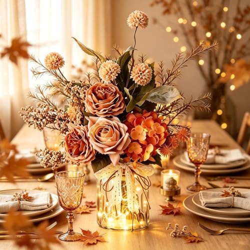 Artificial Fall Flowers with Vase & Lights – Faux Autumn Hydrangea & Rose - Image 2